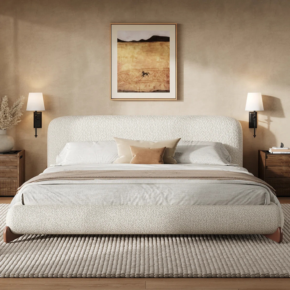 Paris Boucle Upholstered Platform Bed With Thick Headboard & Solid Wood Legs | Wayfair North America
