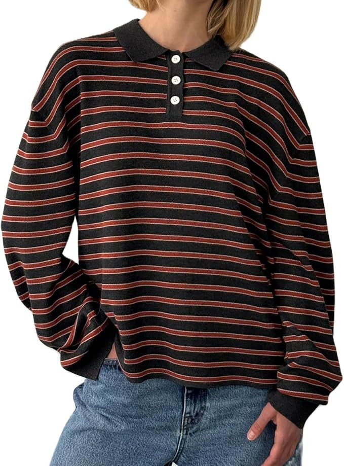 Women Rugby Polo Shirts Oversized Long Sleeve Collared Striped Sweatshirt Y2k Preppy Pullover Top... | Amazon (US)