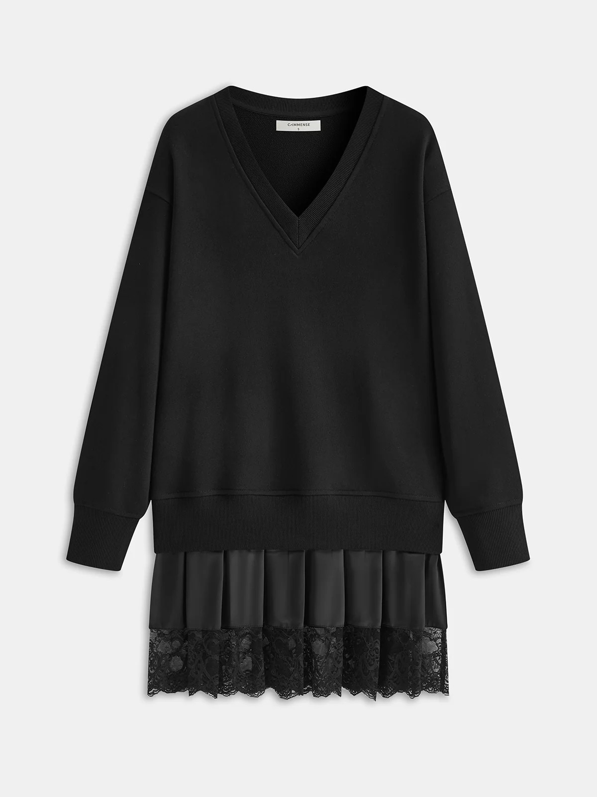 Pleated Hem Lace-Trimmed Sweatshirt Dress | Commense