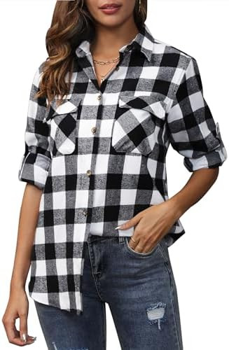 siliteelon Flannel Shirt Women Plaid Shirts Button Down Long Sleeve Oversized Cotton Fitted Boyfr... | Amazon (US)