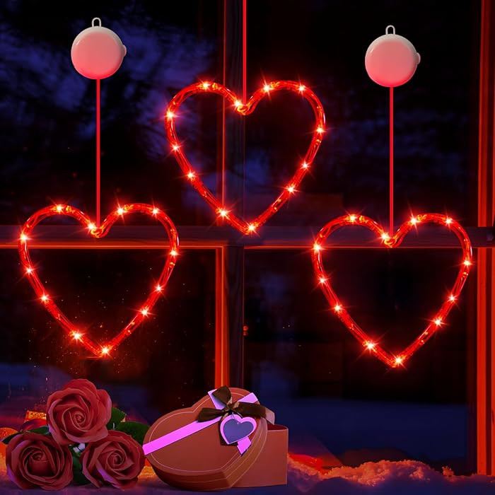 3 Pack Valentines Day Window Lights Decorations with Timer, Battery Powered Hanging Red Lighted H... | Amazon (US)