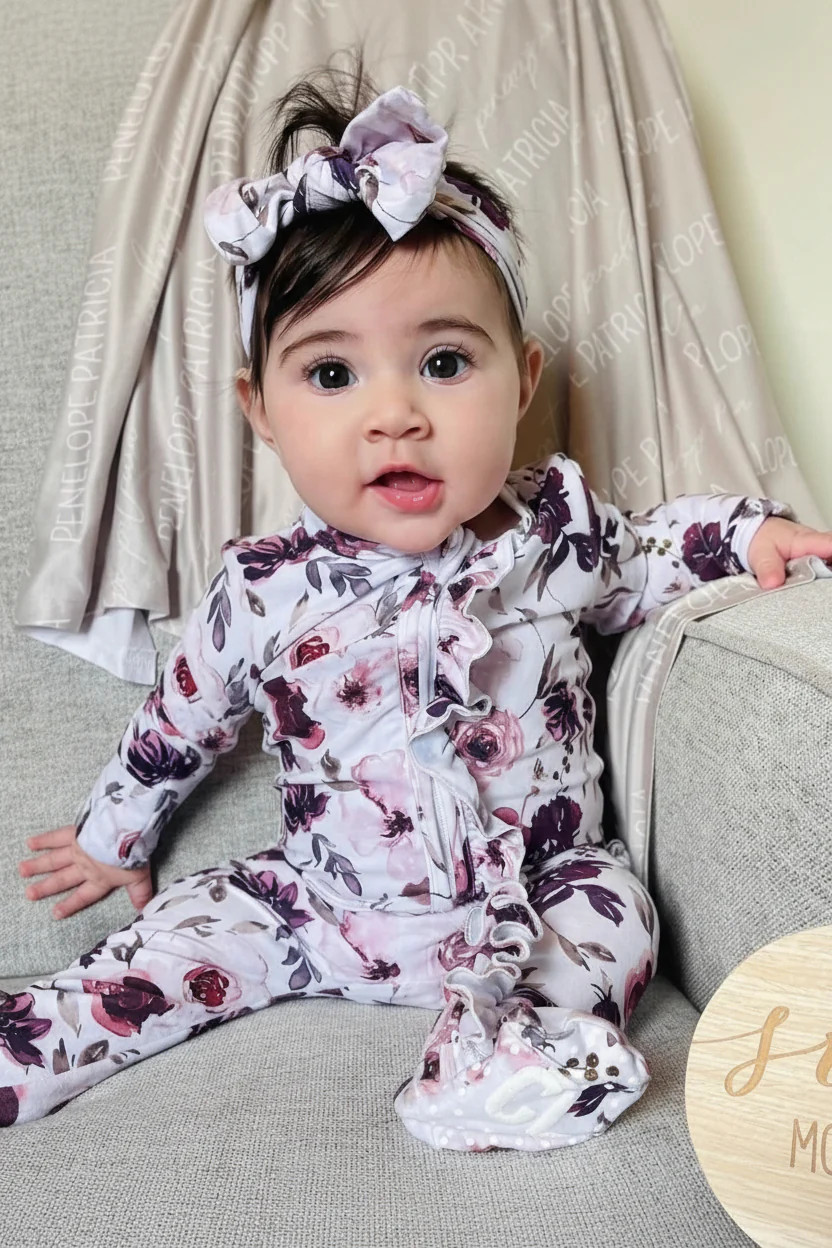 Demi's Dusty Purple Floral Ruffle Zipper Footie | Caden Lane
