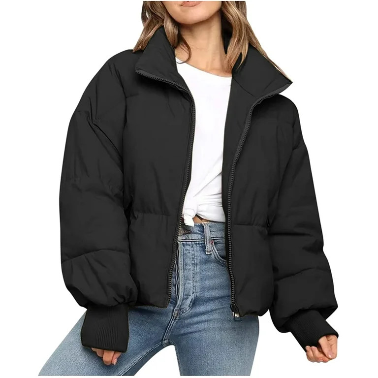 Womens Cropped Puffer Jacket Oversized Colorful Short Puffy Winter Coat | Walmart (US)