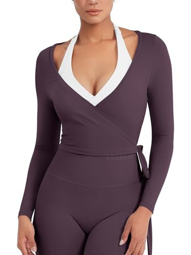 YEOREO Women Pilates Wrap Top Long Sleeve Tie Ballet Workout Yoga Shirt Michelie Y2K V Neck Cropped Tops BlackBerry Purple S | Amazon (US)