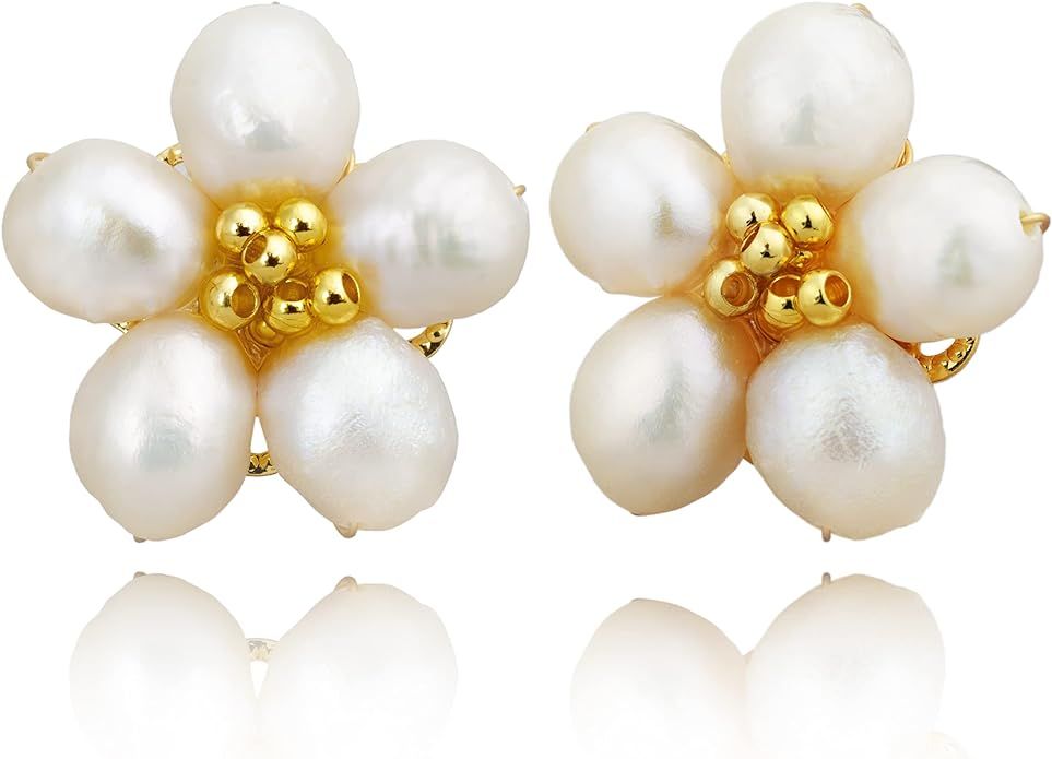 Baroque Pearl Stud Earrings for Women, Handmade Flower Pearl Stud Earings 14K Gold Plated 925 Ste... | Amazon (US)