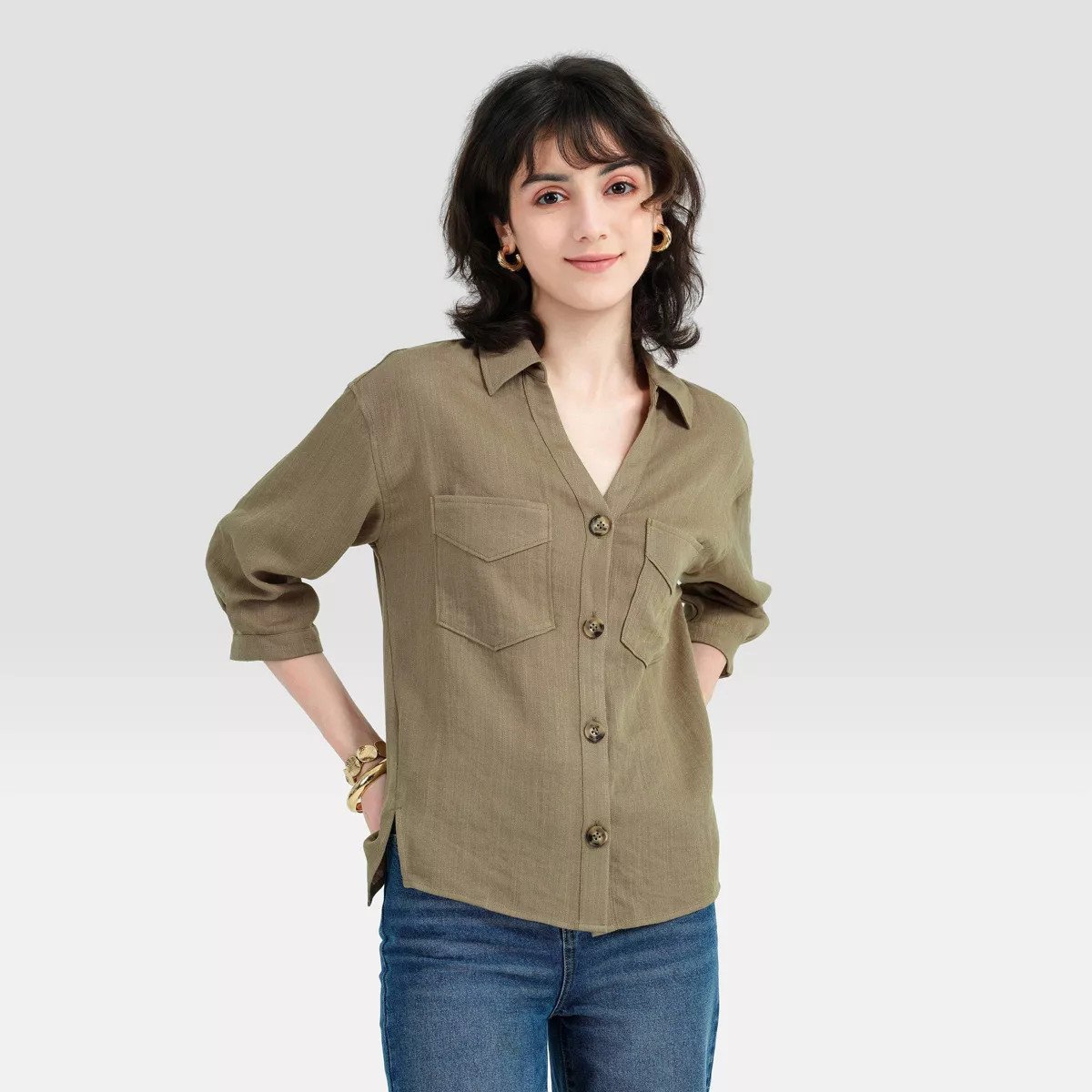 Women's 3/4 Sleeve Collared Button-Down Shirt - Universal Thread\u2122 Green S | Target