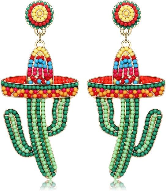 Cinco De Mayo Earrings for Women Mexican Fiesta Colorful Beaded Sombrero Cactus Dangle Earrings R... | Amazon (US)