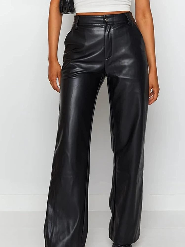 Shuyun Women Faux Leather Pants Solid Color High Waist Straight Wide Leg Leggings Slim Fit Trousers  | Amazon (US)