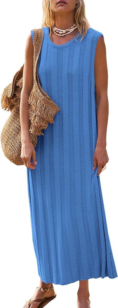 Fisoew Women's Summer Sleeveless Maxi Dress Scoop Neck Ribbed Knit Tank Top Dresses | Amazon (US)