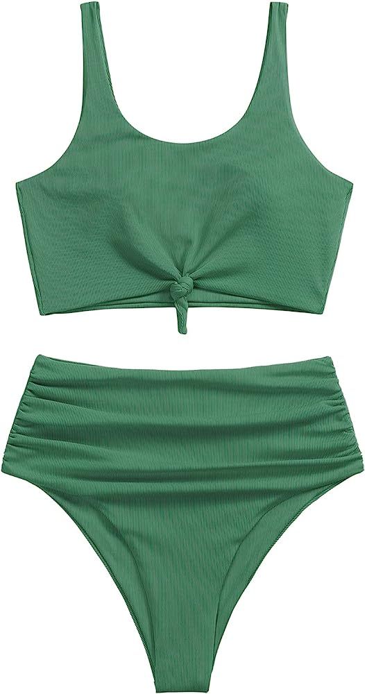 ZAFUL Women's Knot Scoop Neck Bikini Set Ruched High Waisted Two Piece Swimsuits Tankini… | Amazon (US)