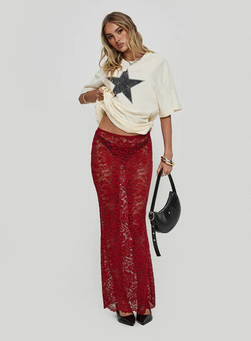 Lombardio Lace Maxi Skirt Burgundy | Princess Polly US