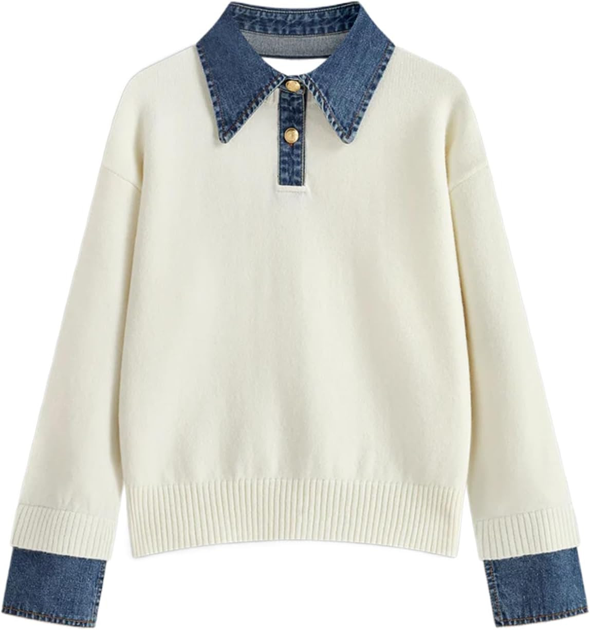 hathne Women's Oversized Polo Sweater Button Up Denim Lapel Pullover Sweater Long Sleeve Collared Knit Top | Amazon (US)