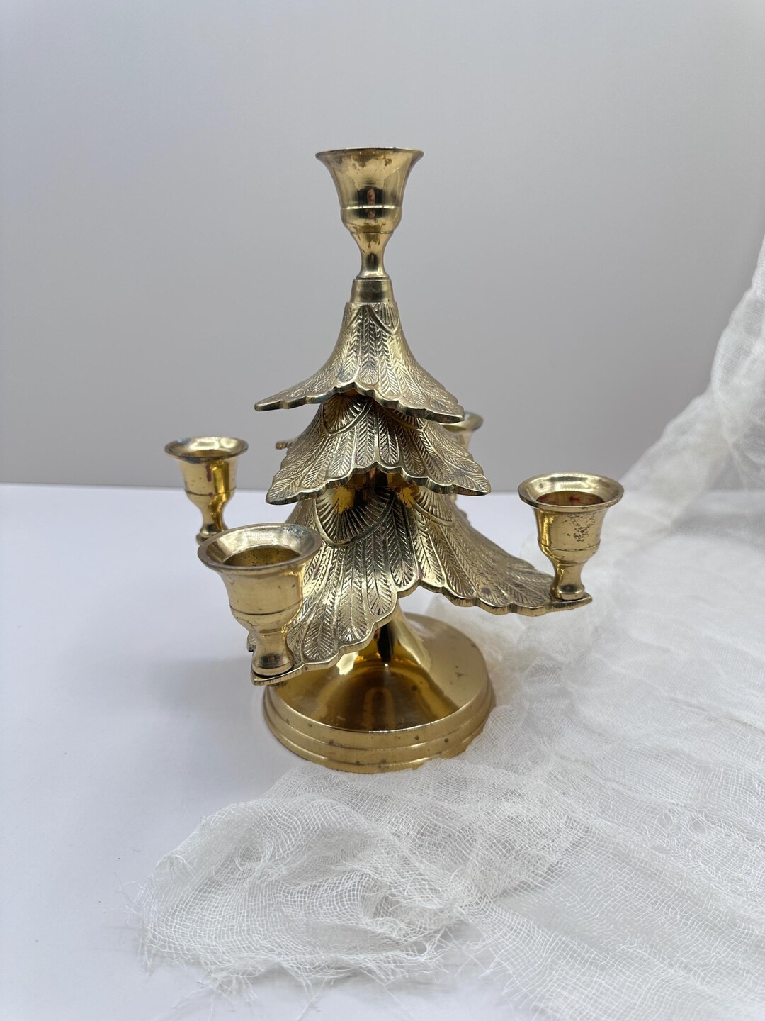 Vintage Brass Christmas Tree Candelabra – 5 Arm Candle Holder, Mid Century Solid Brass Holiday ... | Etsy (US)