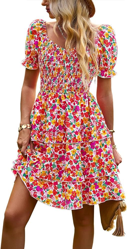 AILLOSA Women's Summer Floral Dress Crewneck Short Sleeve A-Line Casual Mini Length Dress | Amazon (CA)