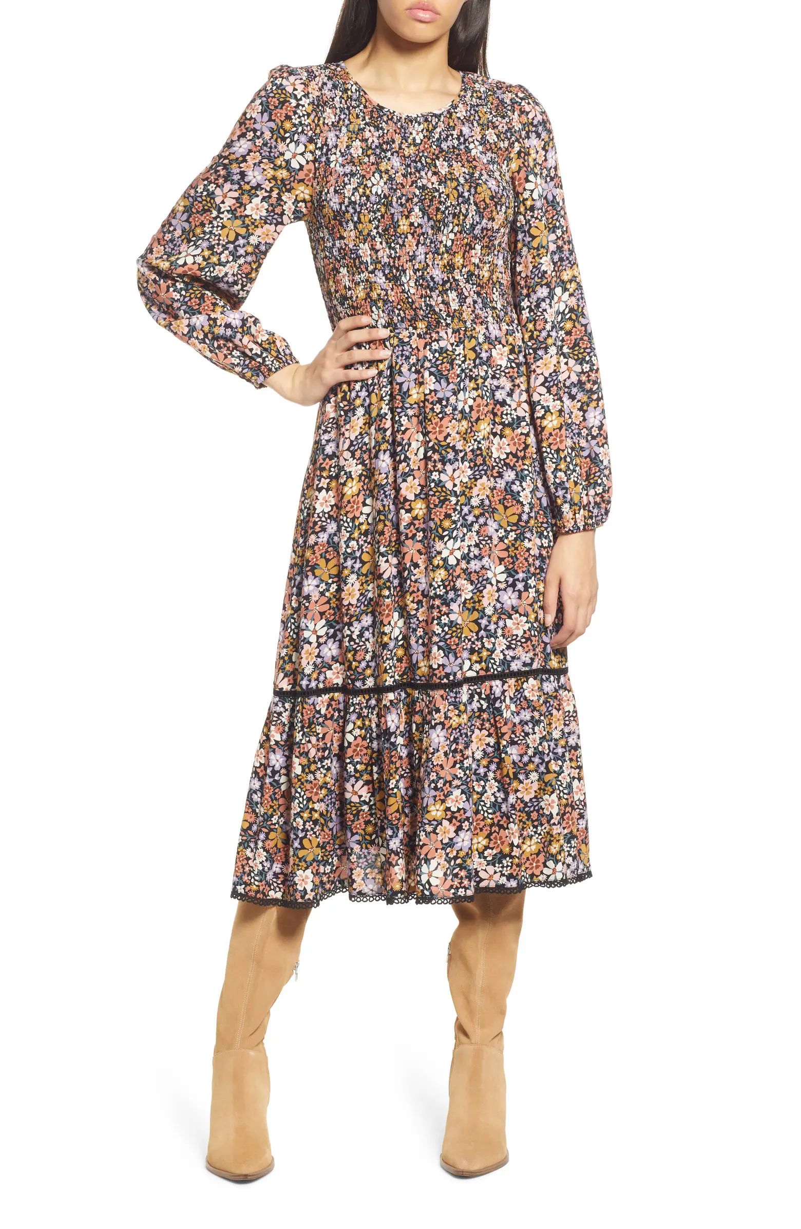 Lost + Wander Vineyards in the Valley Floral Print Shirred Long Sleeve Midi Dress | Nordstrom | Nordstrom