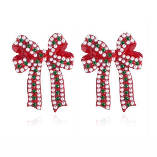 Met-edianger Christmas Earrings Red Bow Earrings Statement Earrings Xmas Beaded Crystal Rhinestone Pearl Drop Dangle Earrings Holiday Festival Earrings for Women | Amazon (US)