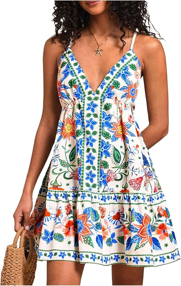 OYOANGLE Women's Tropical Floral Flowy Short Dress Boho Sundress V Neck Criss Cross Backless Vaca... | Amazon (US)
