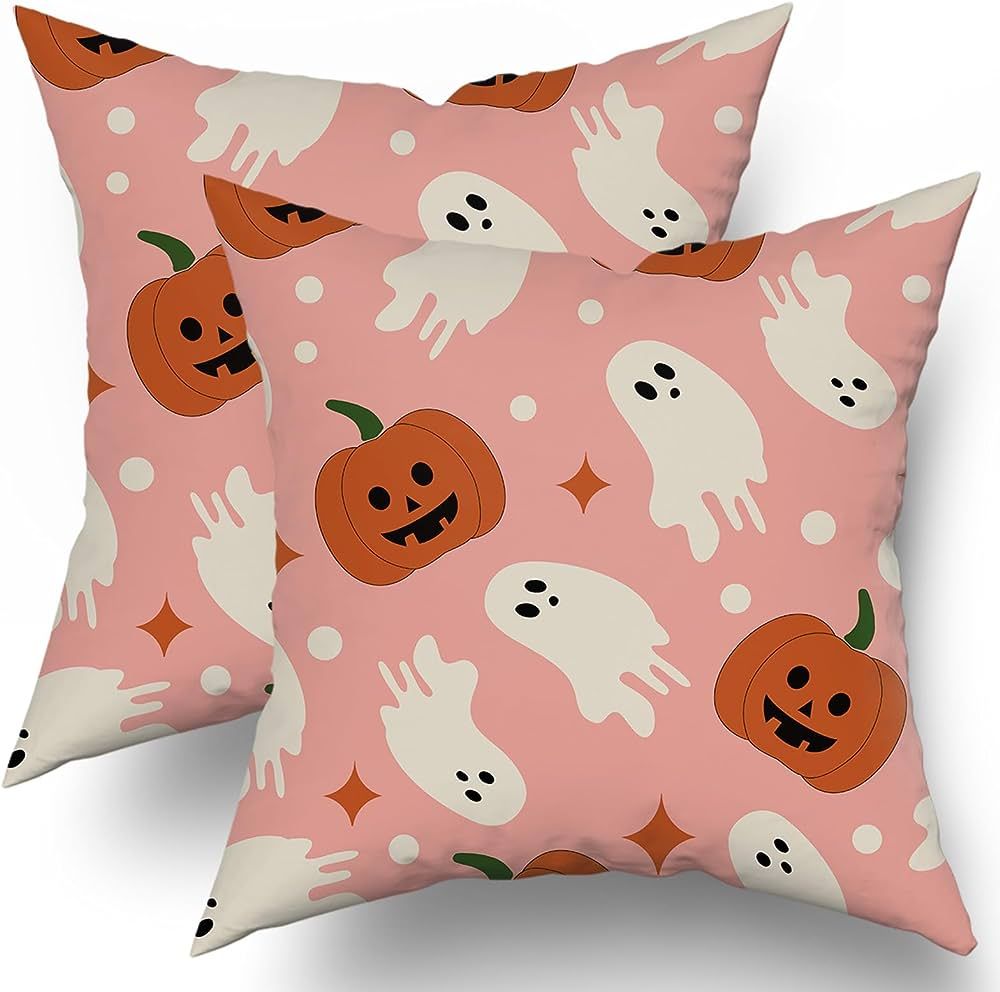 Kawani Pink Halloween Pillow Covers 18X18 Inch Cute White Ghost Orange Pumpkins Couch Pillow Case... | Amazon (US)