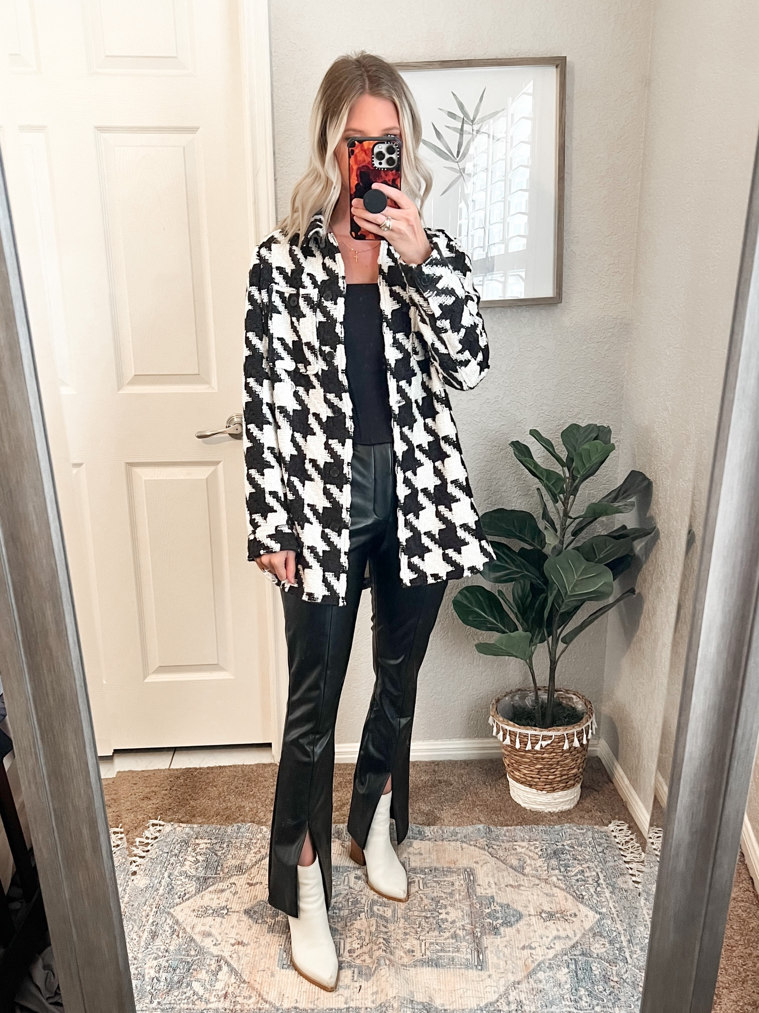 Houndstooth jacket and leather split hem pants back in stock and on sale 

#LTKunder100 #LTKunder50 #LTKsalealert