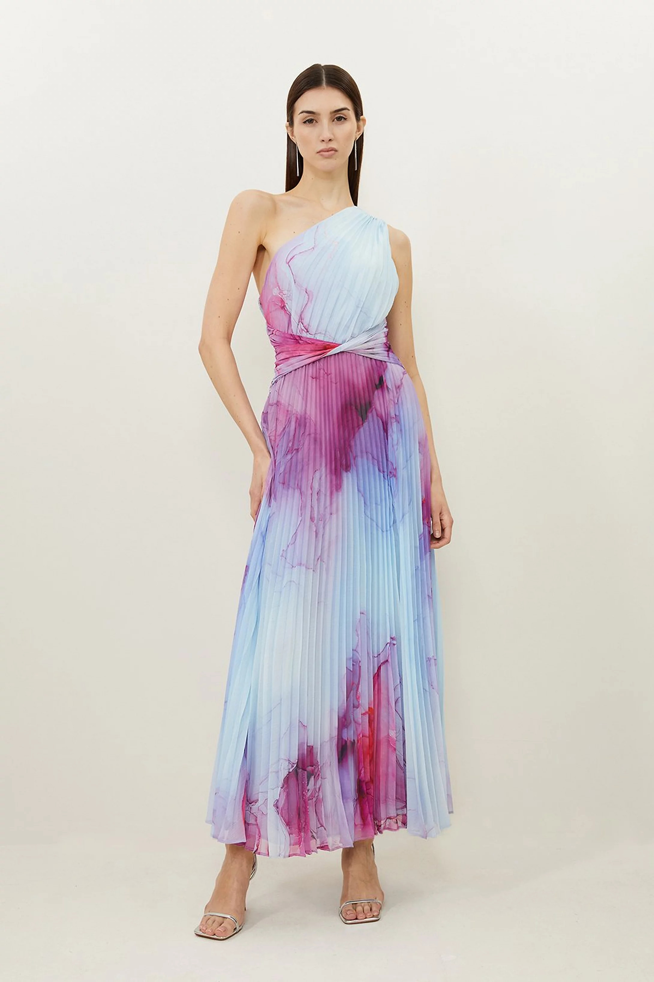 Marble Printed Soft Pleated One Shoulder Maxi Dress | Karen Millen US