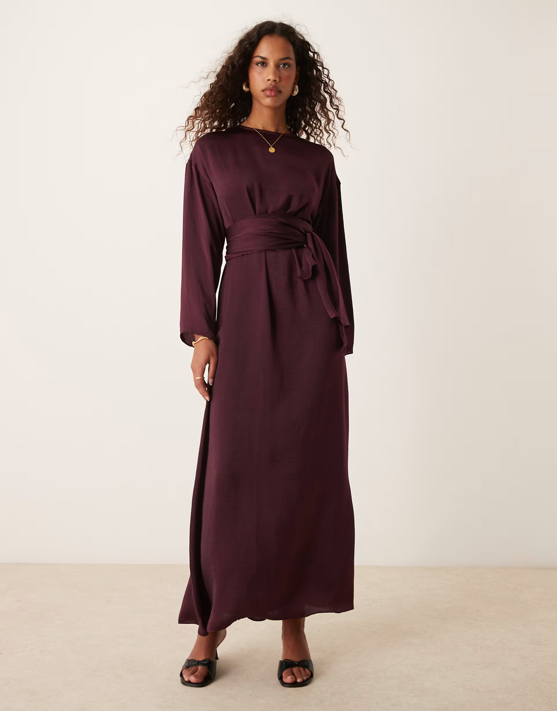 ASOS DESIGN satin long sleeved tie detail maxi dress in burgundy | ASOS (Global)