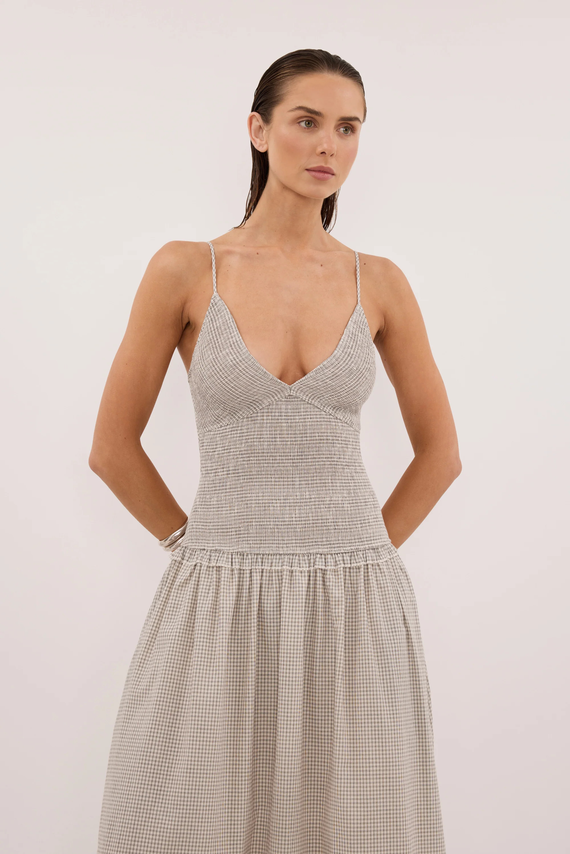 LILITH CREAM CHECK MIDI DRESS | DISSH