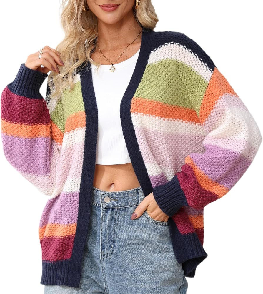 Womens Striped Chunky Cardigan Sweaters Oversized Open Front Trendy Long Sleeve Color Block Knit ... | Amazon (US)