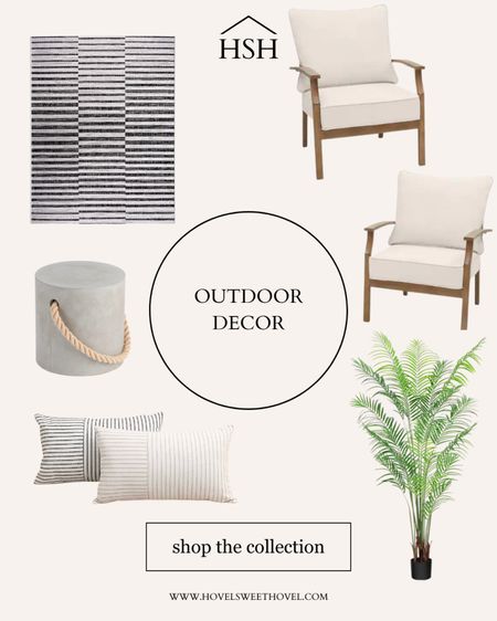 Outdoor patio refresh: matching patio chairs, black and white outdoor rug, cement table, decorative pillows 

#LTKHome
