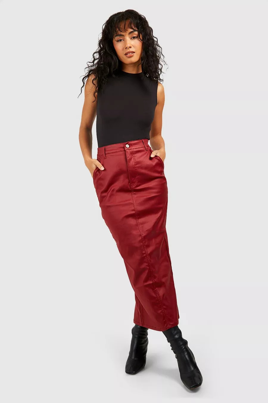 Pu Coated Split Back Denim Midi Skirt | boohoo (US & Canada)