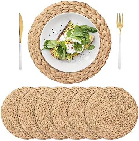 6 Pack 13.8" Woven Placemats, Natural Hand-Woven Water Hyacinth Placemats, Round Braided Rattan Tabl | Amazon (US)