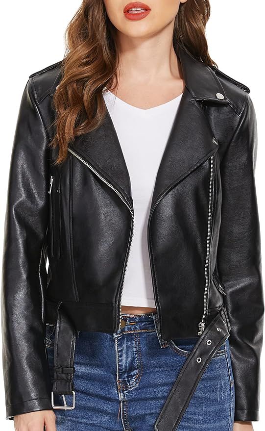 Faux Leather Jacket for Women, Moto Biker Motocycle Coat Lightweight Blazer Vegan | Amazon (US)