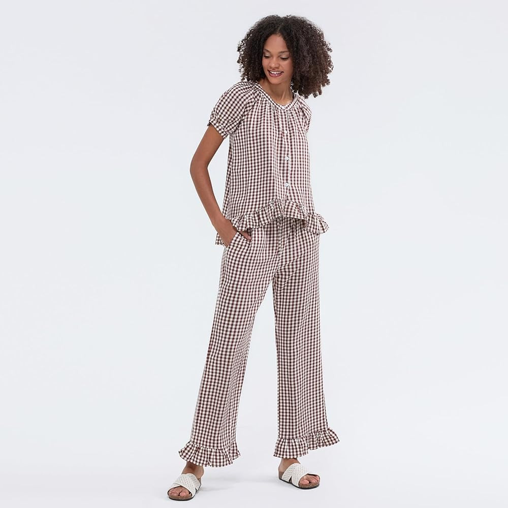 Women Y2k Plaid Pajamas Set Short Sleeve Ruffle Hem Peplum Shirt Gingham Wide Leg Pants 2 Piece L... | Amazon (US)