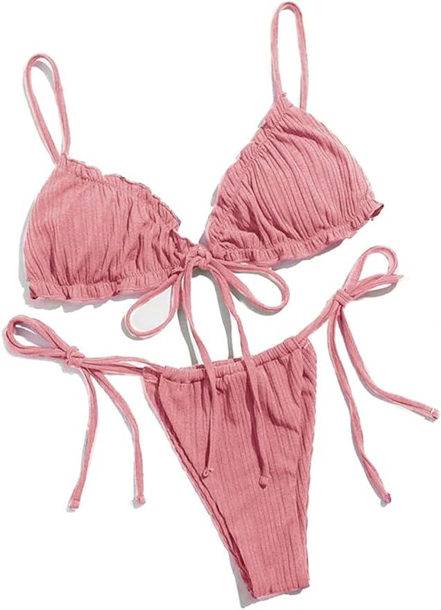 Lilosy Sexy Ribbed Padded String Thong Brazilian Bikini Swimsuit Set for Women Side Tie Knotted B... | Amazon (US)