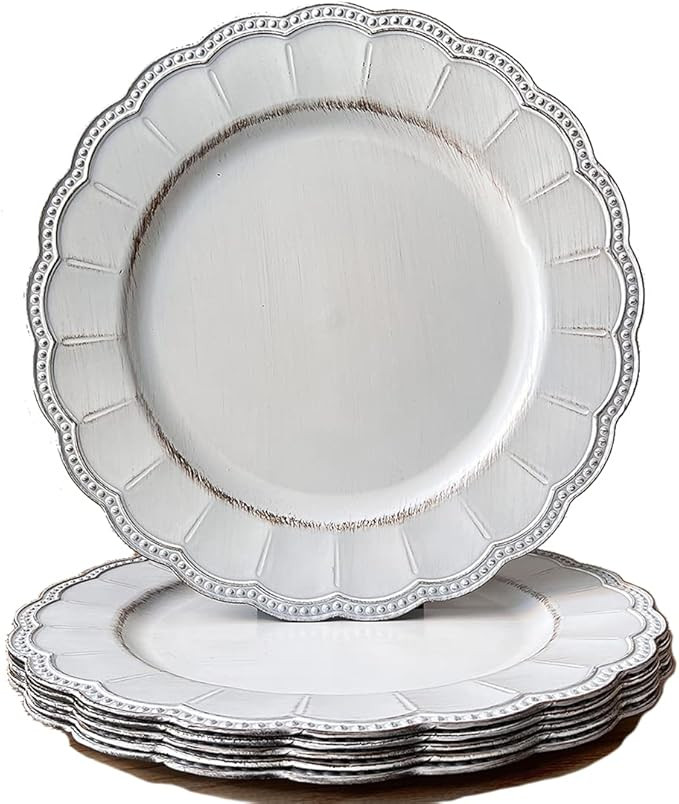 White Antique Charger Plates,13 Inch Metallic Chargers for Dinner Plates, Bead Rim Plastic Charge... | Amazon (US)