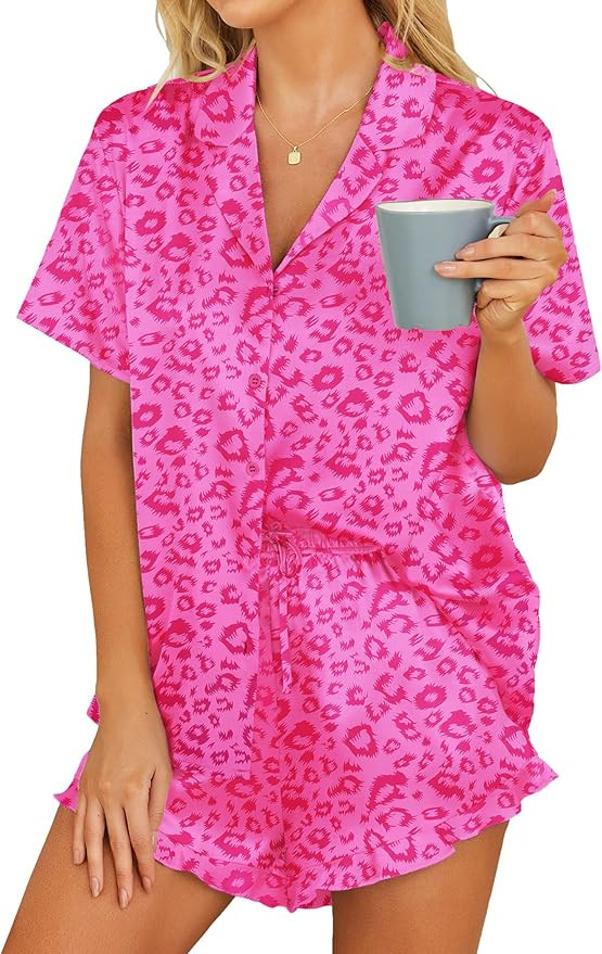 Hotouch Womens Satin Pajamas Set Button Down 2 Piece Silk Pjs Shorts Set Ruffle Lingerie Notch Co... | Amazon (CA)