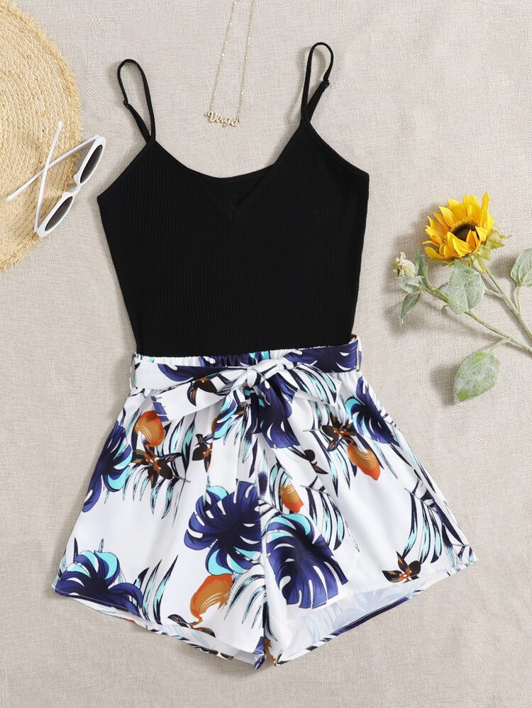 Tropical Print Self Belted Cami Romper | SHEIN