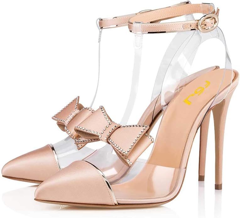 FSJ Women Clear T Strap Pointed Toe Stiletto High Heels Dress Pumps Sandals with Rhinestones Stud... | Amazon (US)