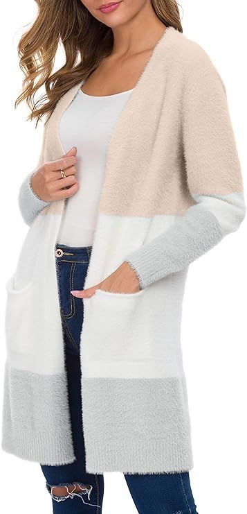 QIXING Women's Casual Open Front Knit Cardigans Long Sleeve Plush Sweater Coat with Pockets | Amazon (US)