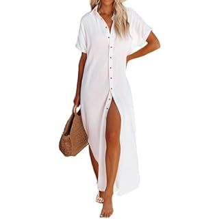 Dokotoo Womens Casual Short Sleeve Side Split Button Down Long Kimonos Cardigans Swimsuit Cover U... | Amazon (US)