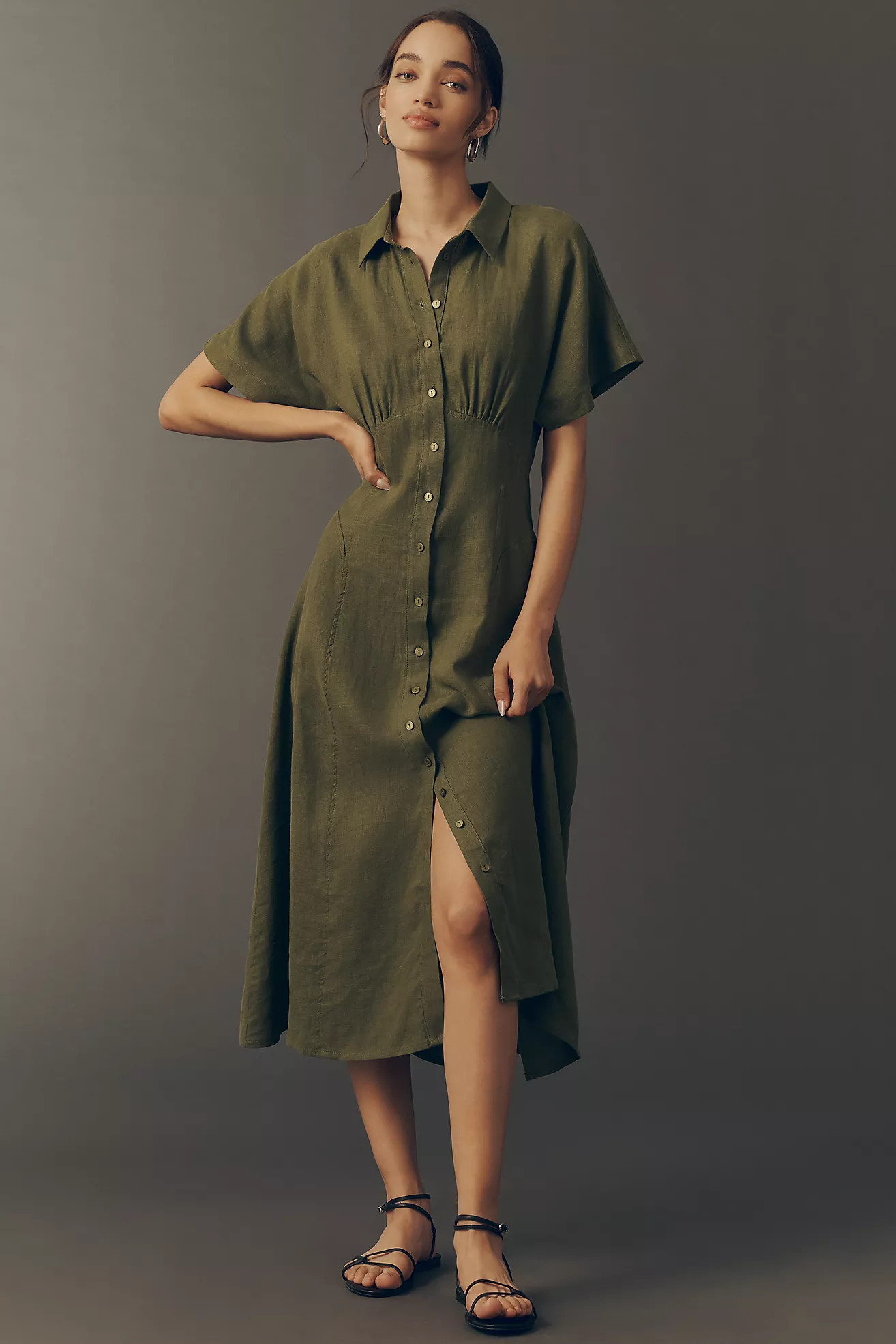 Exquise Raina Linen Short-Sleeve Midi Dress | Anthropologie (US)