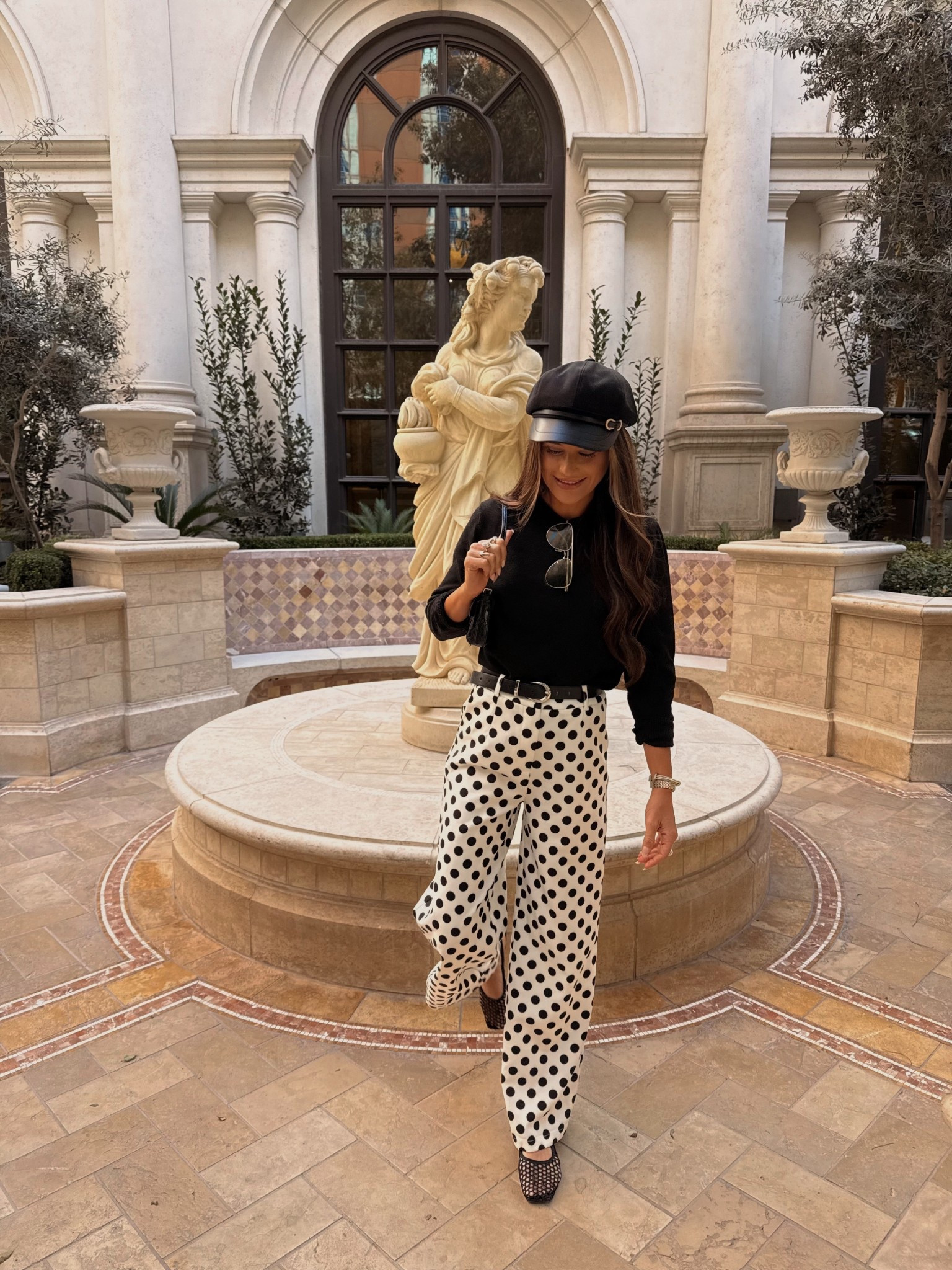 Polka dot | trousers | ballet flats | wool hat | newsboy hat | black and white | casual outfit | workwear | business casual | office | sweater | transitional outfit | ootd | preppy | old money aesthetic | belt | cage sandals | monochrome | chic | vacation | travel 

#LTKSeasonal #LTKootd #LTKWorkwear