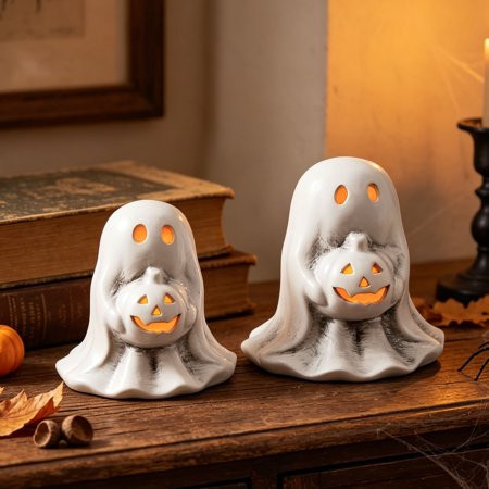 Terracotta Ghost Holding Pumpkin Figurine Small, Cute Halloween Ghost Tabletop Decor for Fireplace Table, Fall Halloween Party Home Indoor Display | Walmart (US)