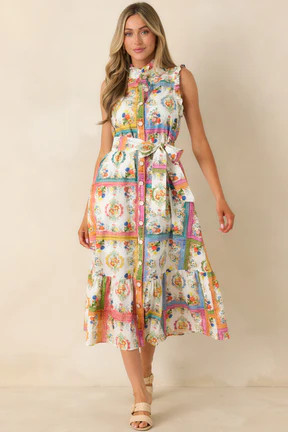 Framed in Love Multi Floral Tile Print Midi Dress | Red Dress