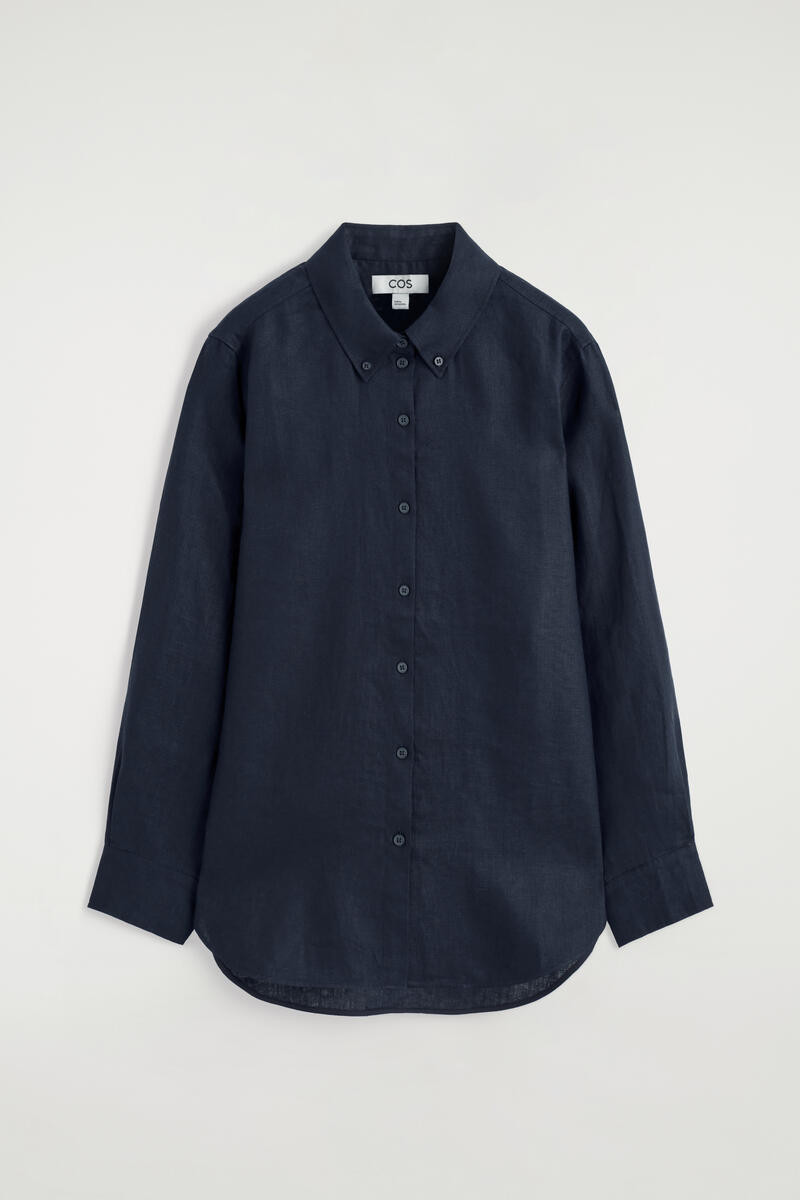 Button-Down Collar Linen Shirt in Navy | COS UK