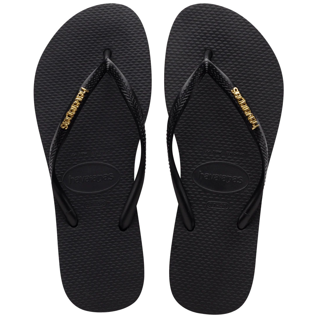 Women's Slim Logo Metallic Flip Flops Black/Golden | Havaianas | Havaianas