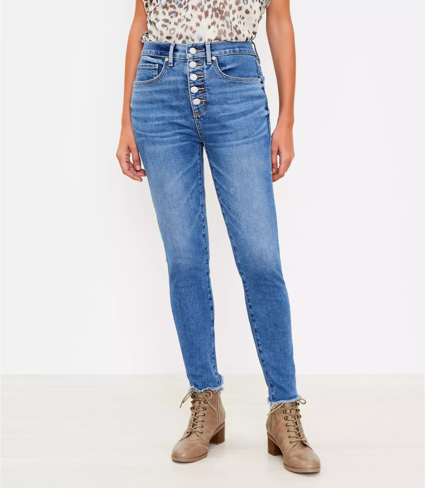 Curvy Chewed Hem Button Front High Rise Skinny Jeans in Authentic Indigo | LOFT | LOFT