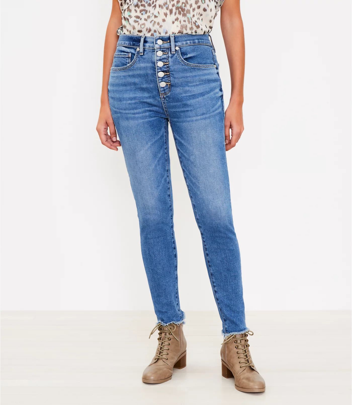 Curvy Chewed Hem Button Front High Rise Skinny Jeans in Authentic Indigo | LOFT | LOFT