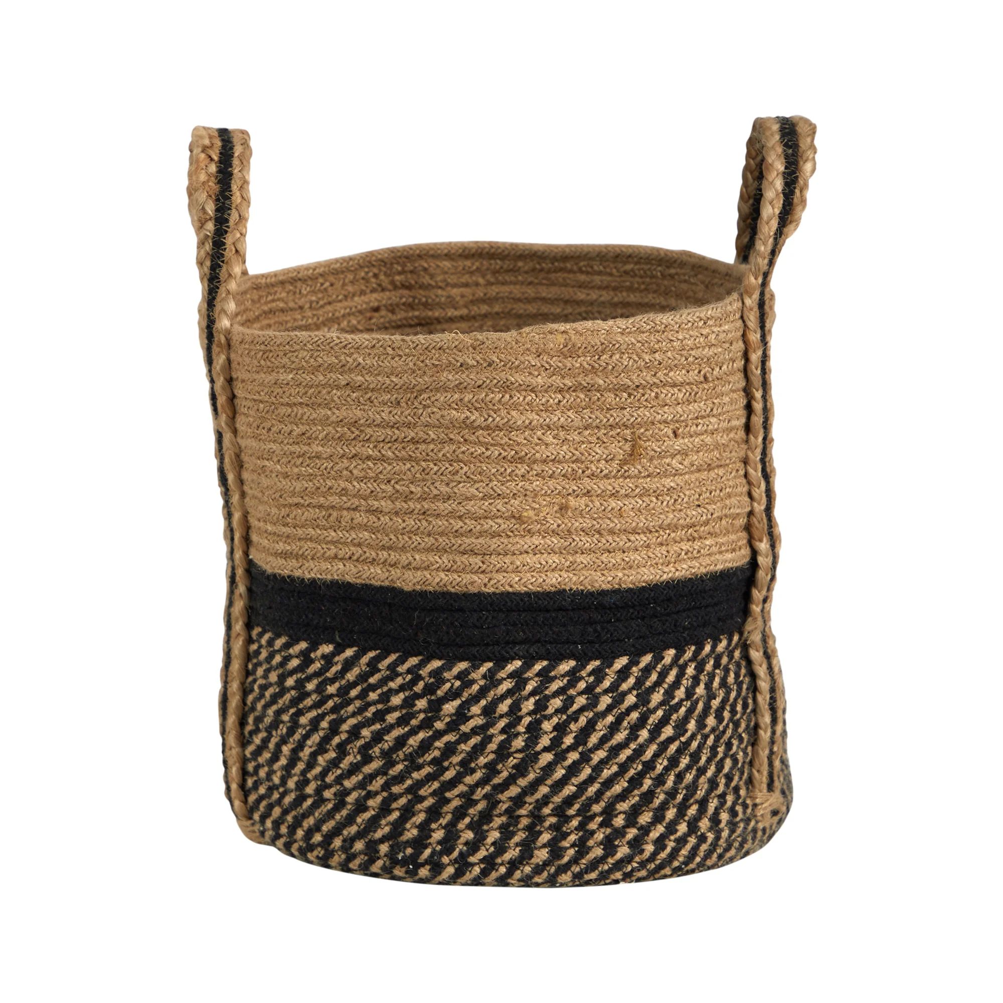 Nearly Natural 13" Boho Chic Basket Natural Jute Basket Planter, Black Bottom Natural Top with Ha... | Walmart (US)