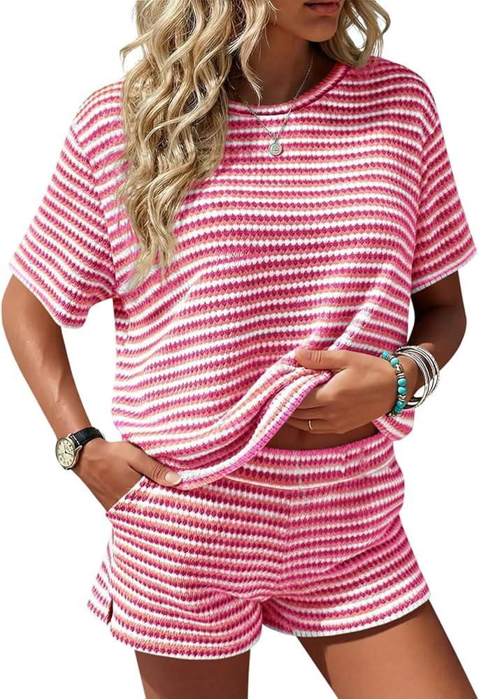 Fisoew Womens Striped 2 Piece Short Sets Casual Short Sleeve Outfits Shirts Tops Knit Workout Mat... | Amazon (US)
