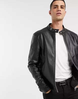 ASOS DESIGN faux leather racer jacket in black | ASOS (Global)